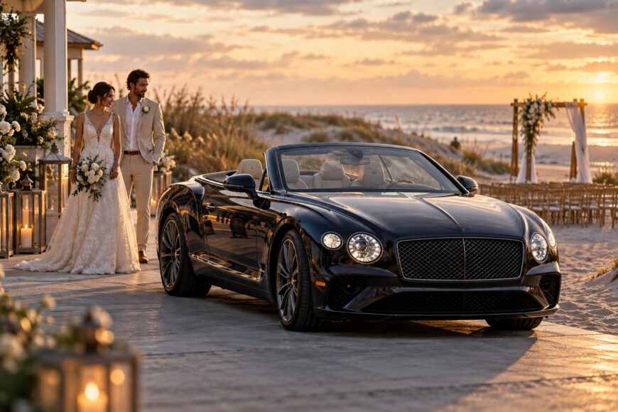 A bride and groom standing beside a black Bentley Continental convertible near a beach wedding setup at sunset