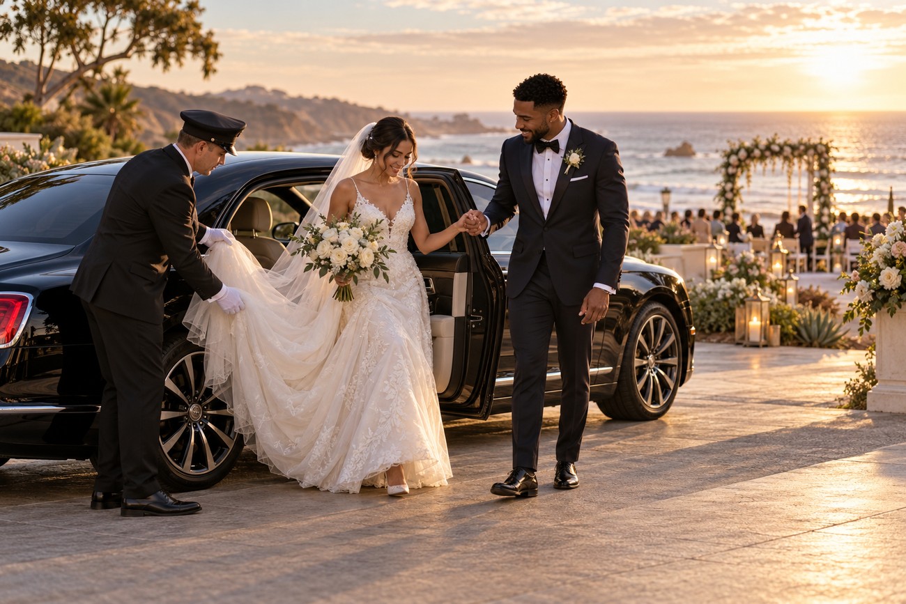 Bride and groom stepping out of a black Bentley Continental at a sunset beach wedding venue while a chauffeur assists with the dress