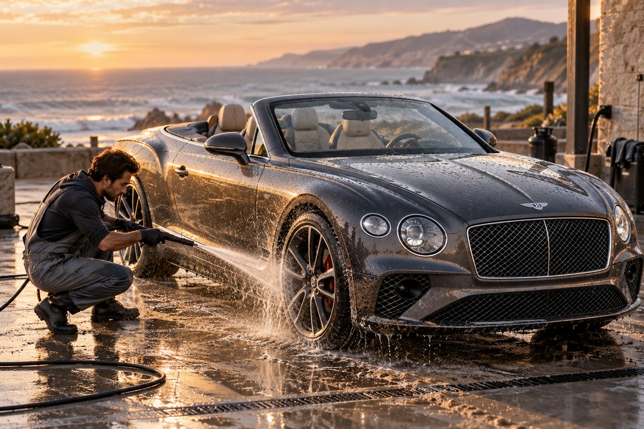 A man in overalls washes a luxury dark grey Bentley Continental convertible by the coastal ocean at sunset before a beach wedding