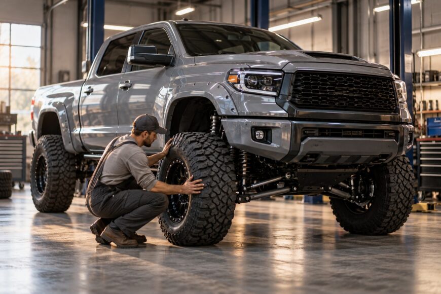 A mechanic inspecting large off-road tires and wheel fitment on a grey lifted pickup truck in a garage