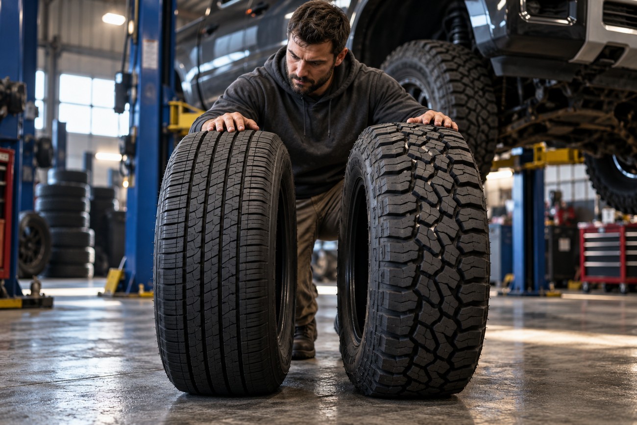 A mechanic inspecting and comparing two large truck tires inside an auto repair shop with a lifted truck in the background