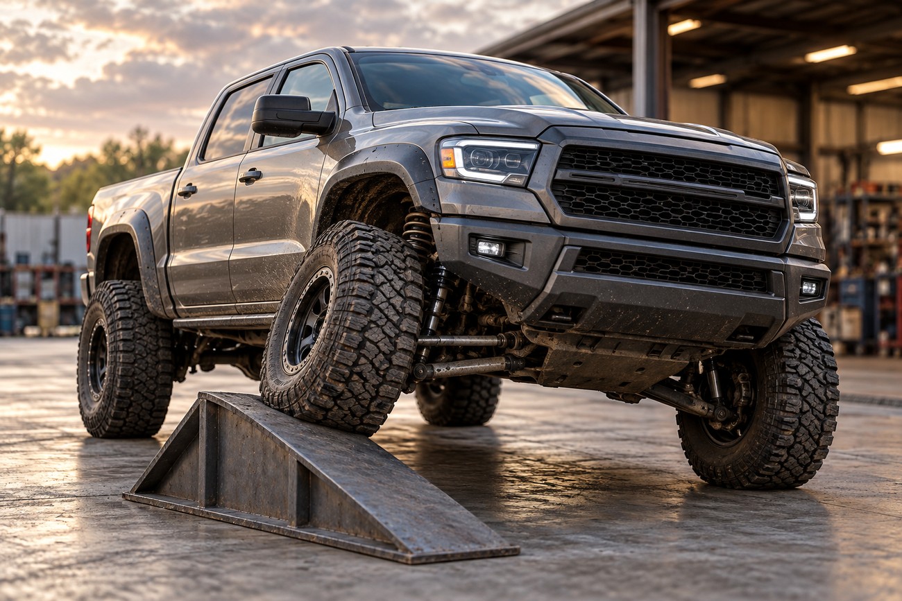 A gray lifted pickup truck with large off-road tires parked in a garage with one front wheel on a metal ramp