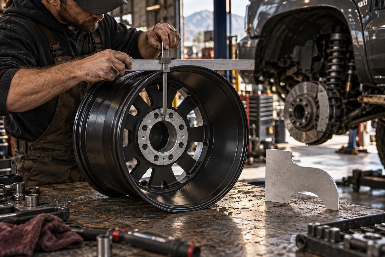 Mechanic measuring the offset of a black truck wheel with a caliper on a workbench in a garage