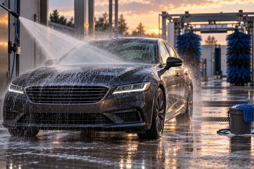 Dark sedan getting sprayed with water from a pressure washer at an outdoor car wash station