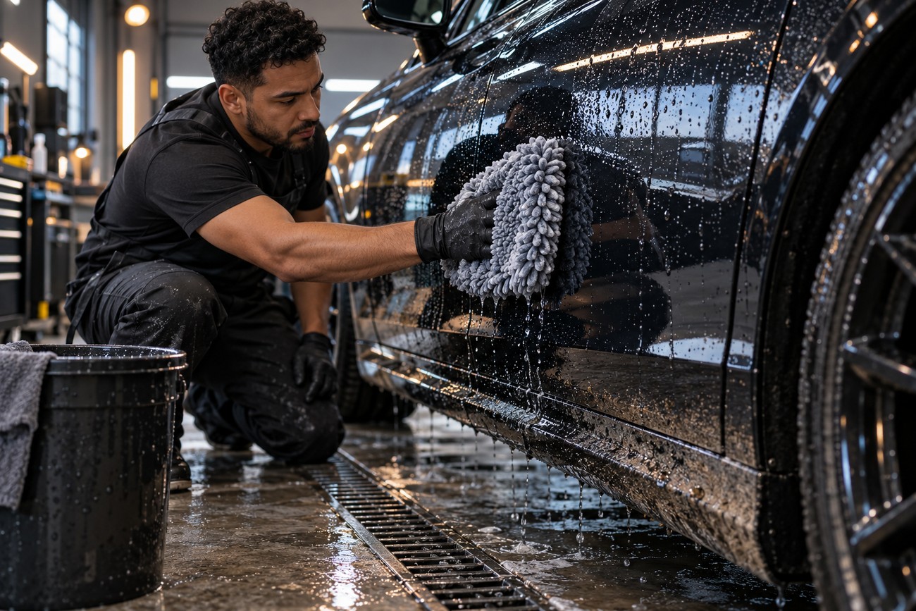 A professional worker in black uniform washes the side of a wet black car with a gray microfiber mitt in a service garage