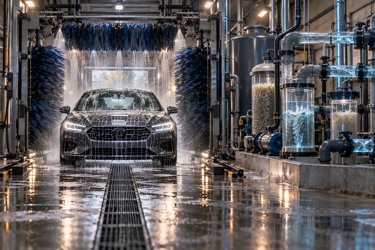 A modern dark car driving through an automated touchless and brush car wash tunnel with water spray and filtration systems