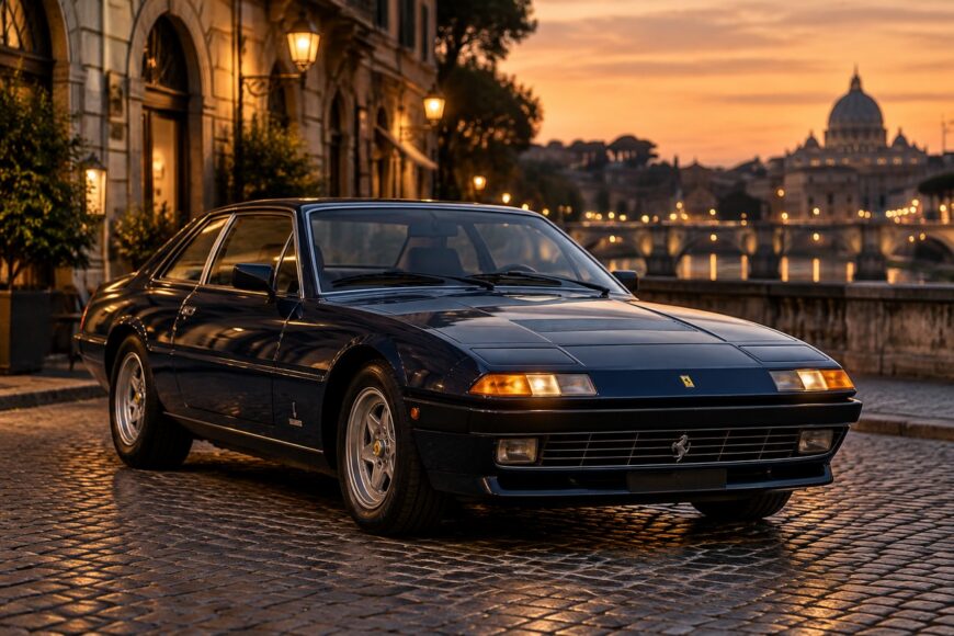 Dark blue classic Ferrari 400i parked on a historic cobblestone street in Rome at sunset
