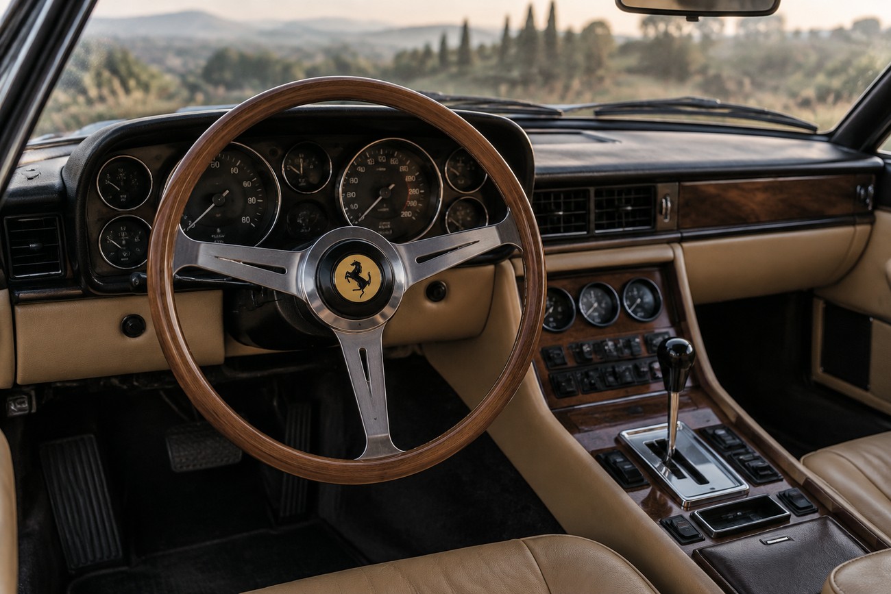 Interior view of a classic Ferrari 400i featuring a wooden steering wheel, dashboard gauges, and an automatic gear shifter
