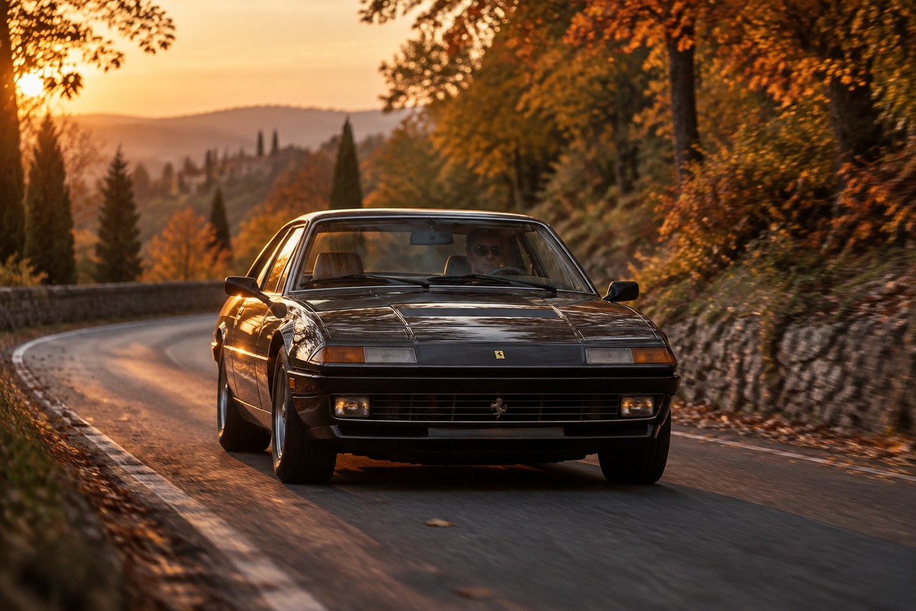 A vintage dark Ferrari 400i grand tourer drives along a winding road surrounded by autumn trees at sunset
