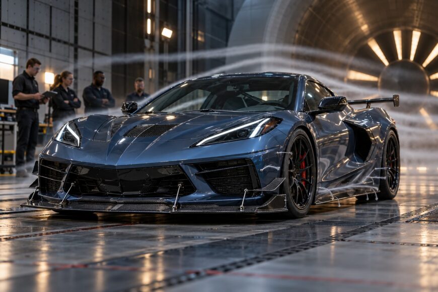 A blue sports car with carbon fiber front splitter and canards tested in a wind tunnel with aerodynamic smoke streams