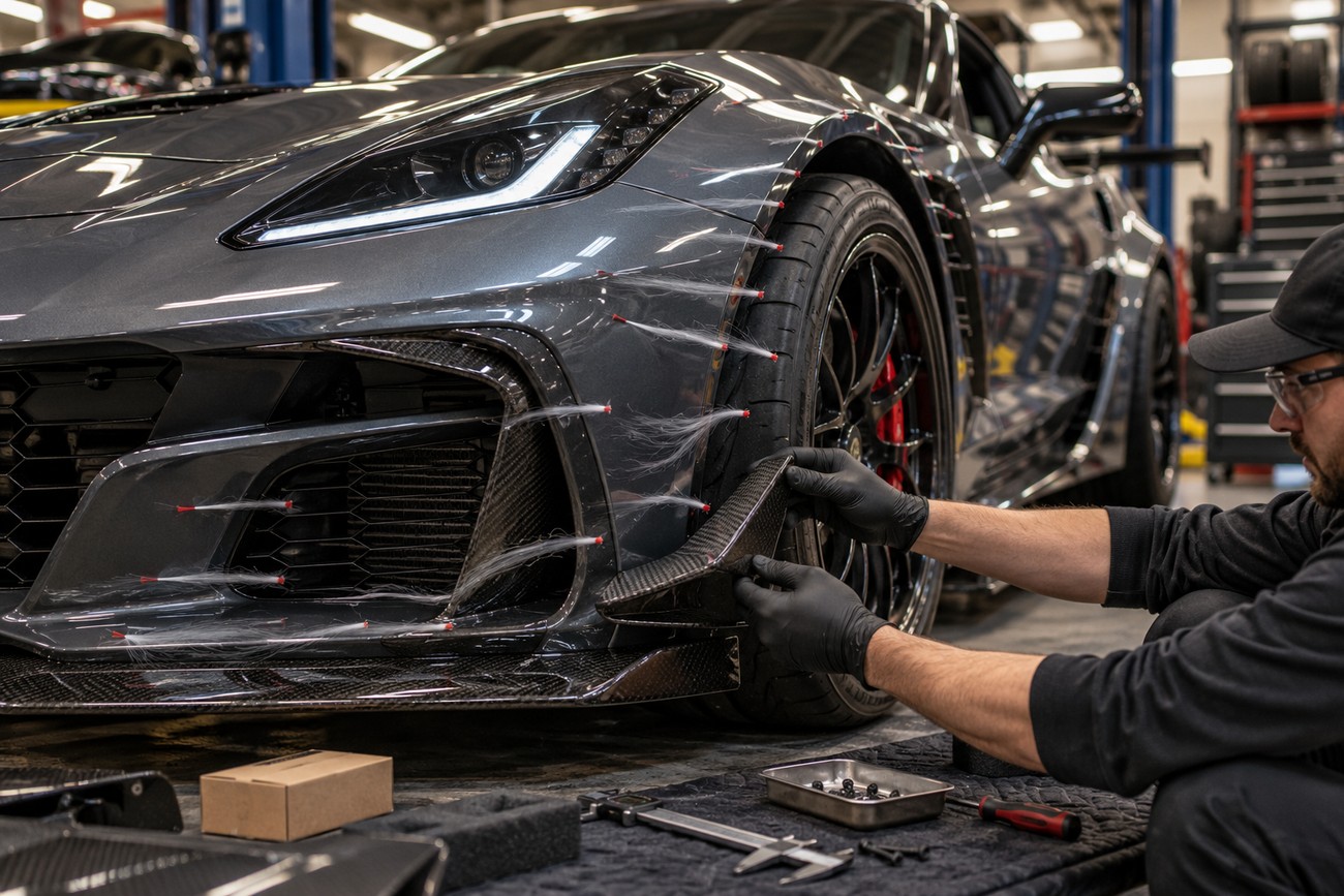 A mechanic wearing gloves is installing a carbon fiber canard onto the front bumper of a sports car in a workshop