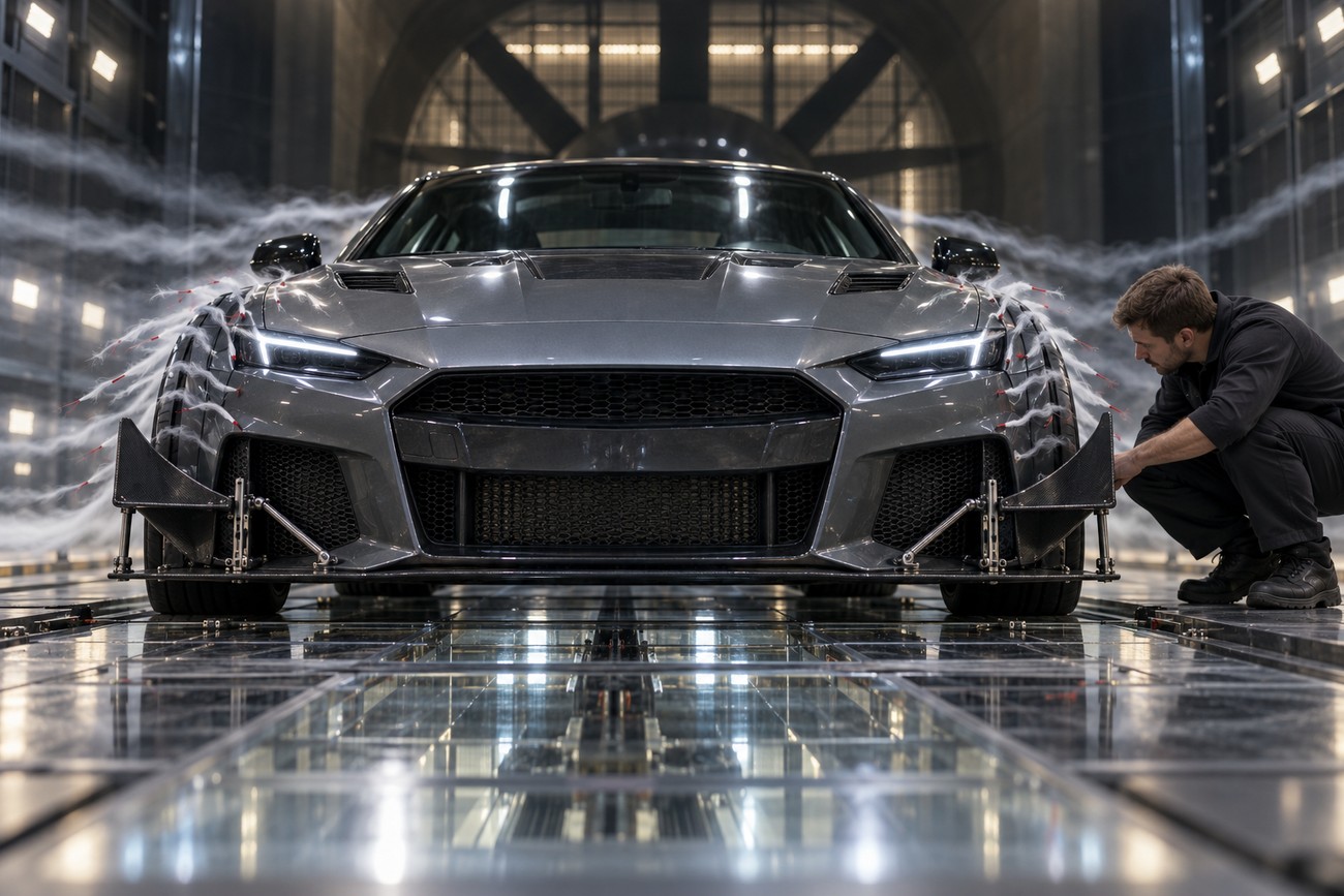 A mechanic in a wind tunnel inspecting the carbon fiber front splitter and canards on a grey sports car with visible airflow smoke