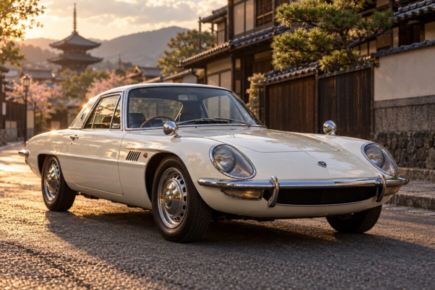 A vintage white Mazda Cosmo Sport parked on a cobblestone street in front of traditional Japanese buildings at sunset