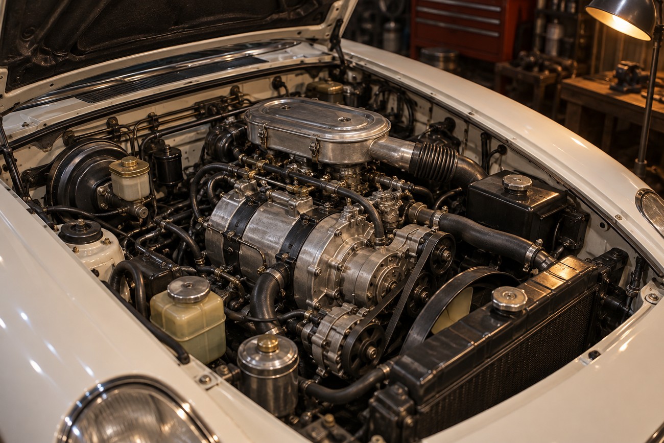 Detailed view of the twin-rotor Wankel engine under the open hood of a white vintage Mazda Cosmo Sport in a garage
