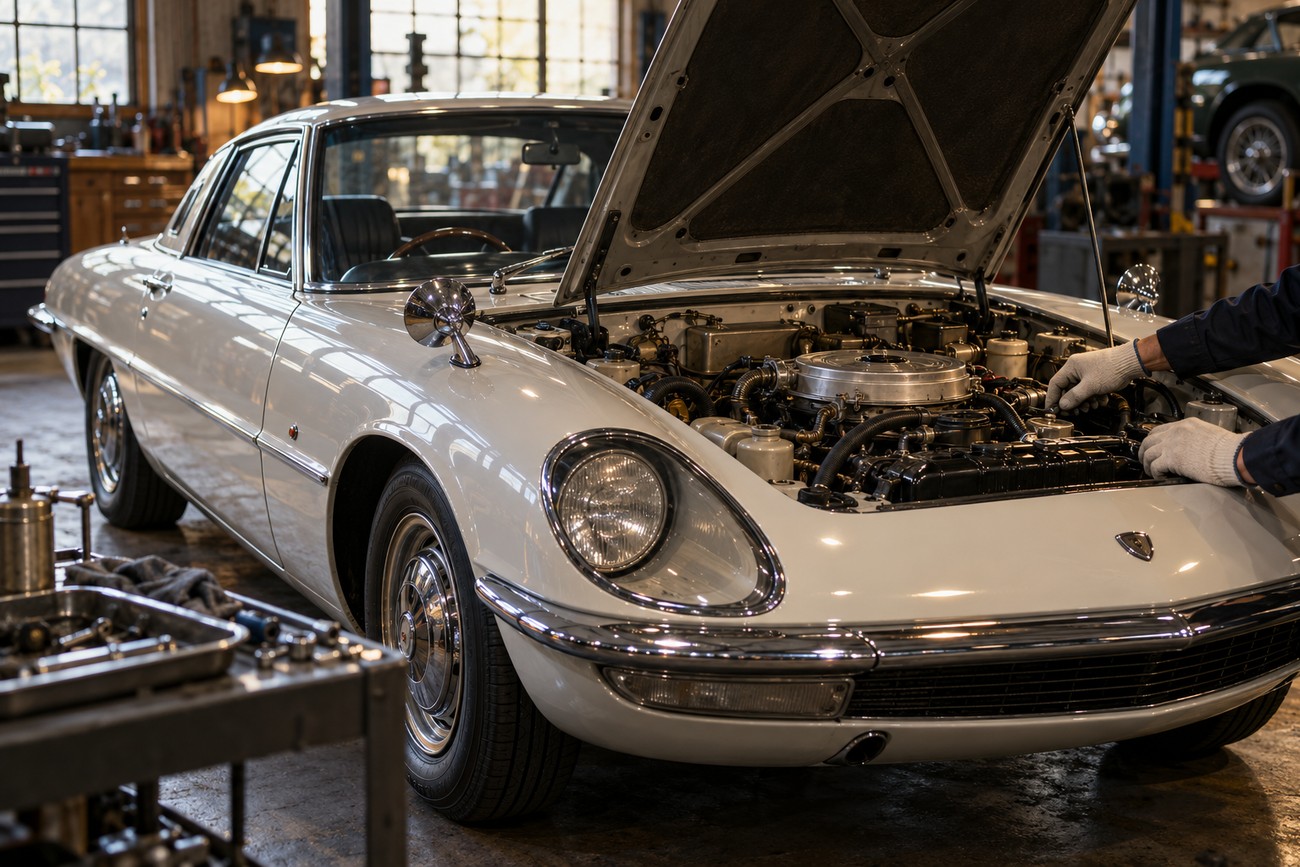 A classic white Mazda Cosmo Sport parked in a workshop with its hood open while a mechanic checks the rotary engine