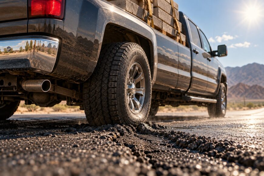 A dark Chevy Silverado truck parked on a hot highway with asphalt melting beneath its heavy tires