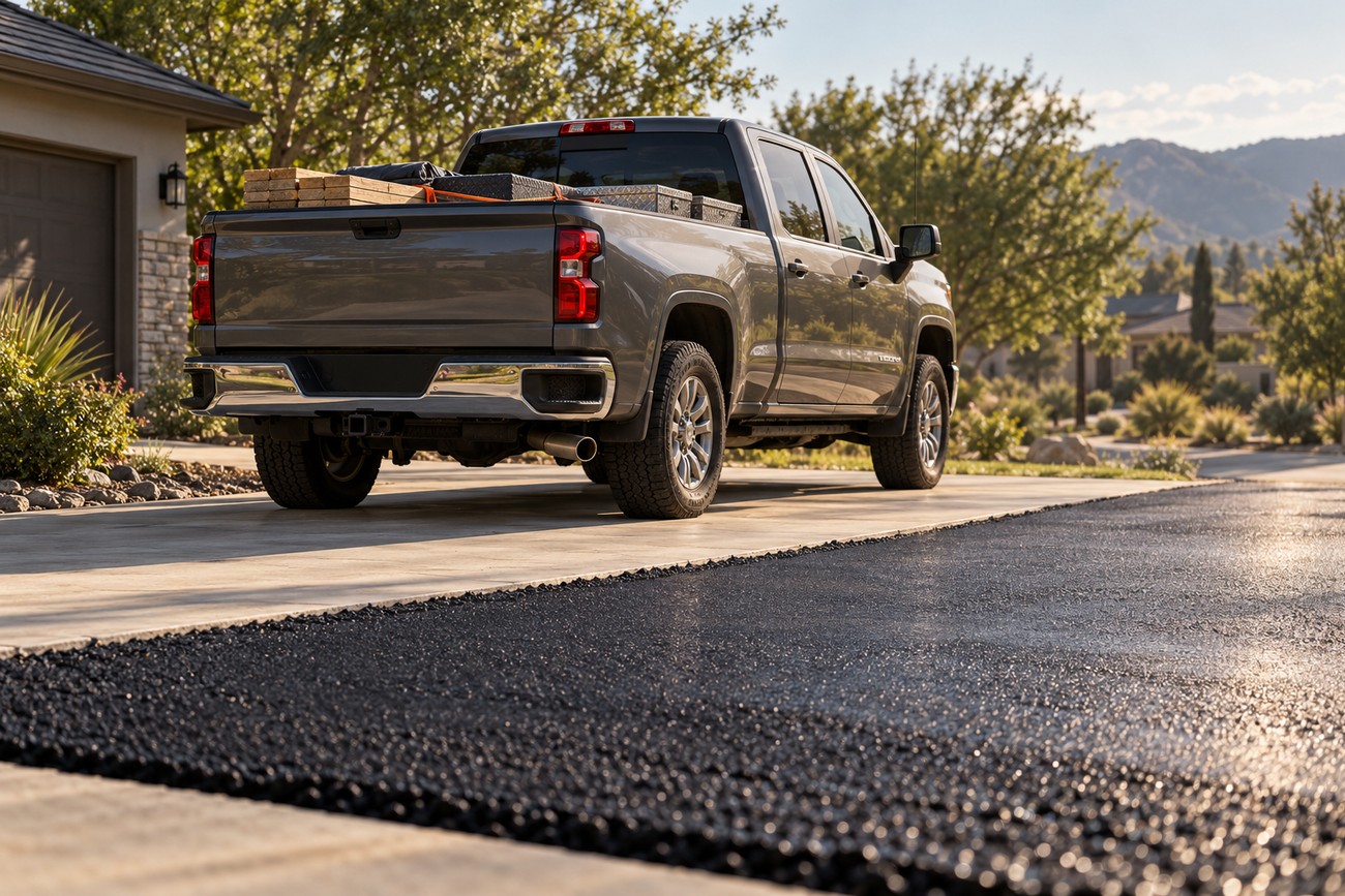 A grey Chevy Silverado parked on a concrete driveway beside a section of soft melting asphalt under the sun