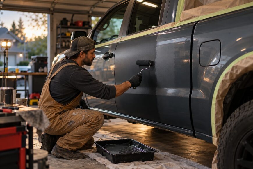 A mechanic in coveralls applying dark paint to a Ford Ranger side panel using a roller in a garage