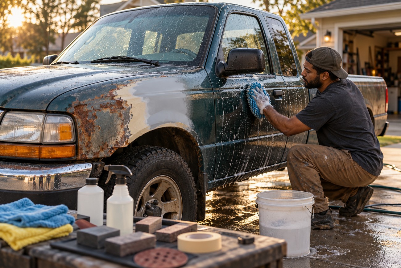 A man wearing a cap and work clothes washes the side of a rusty Ford Ranger with a soapy sponge outdoors