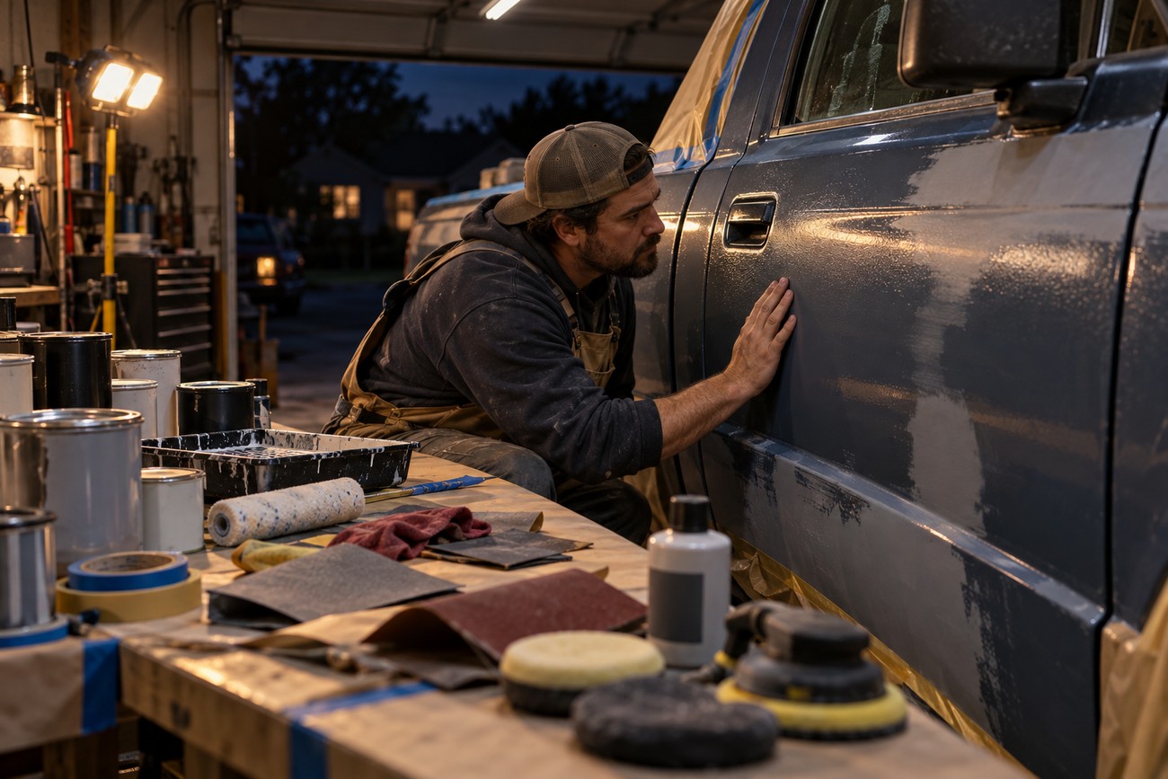 A man inspecting the painted body of a Ford Ranger truck in a garage next to a workbench with paint supplies