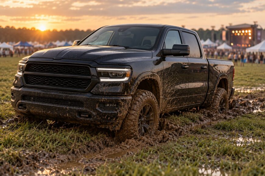 A muddy black Ram 1500 pickup truck parked in a grassy field with festival stages and tents in the background during sunset