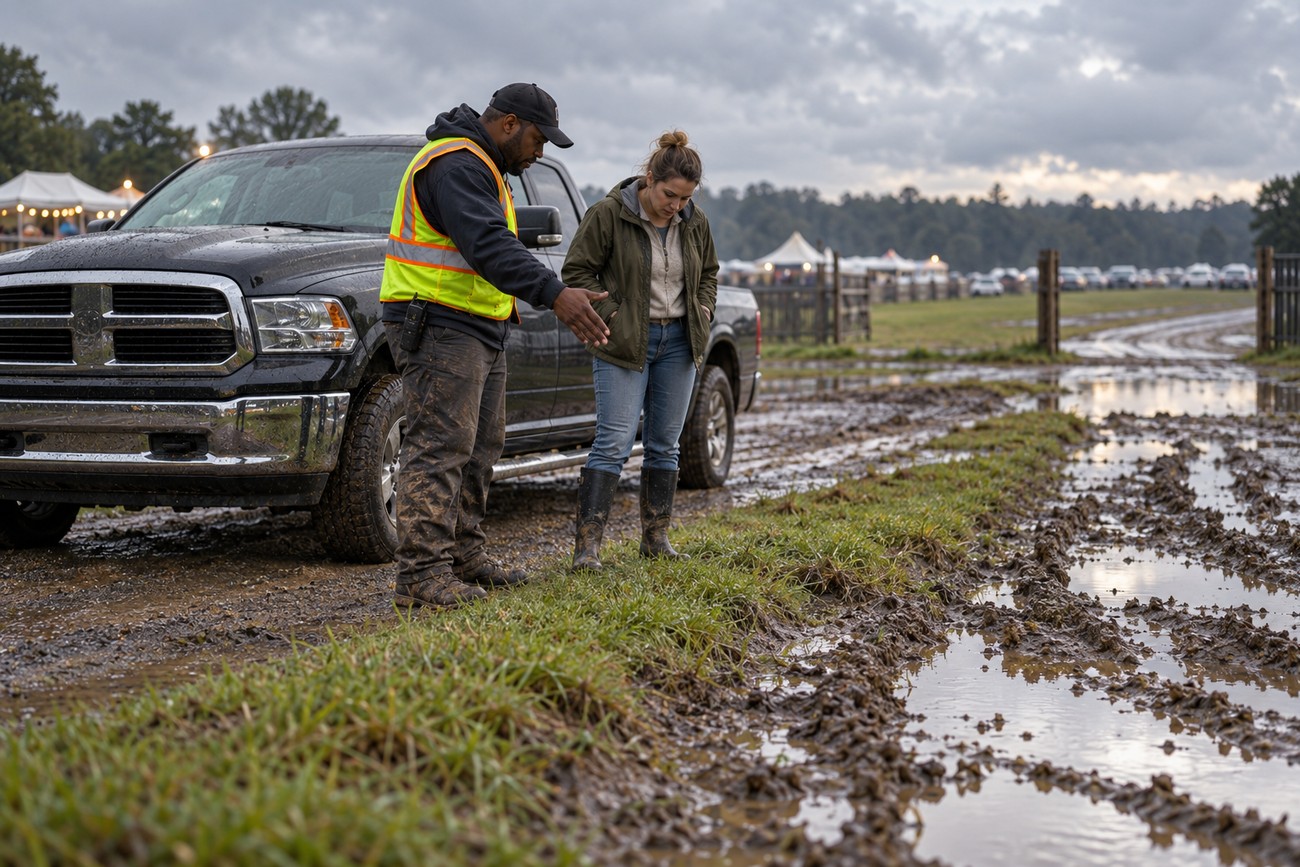 A black Ram 1500 pickup truck parked on a muddy grassy field at a music festival