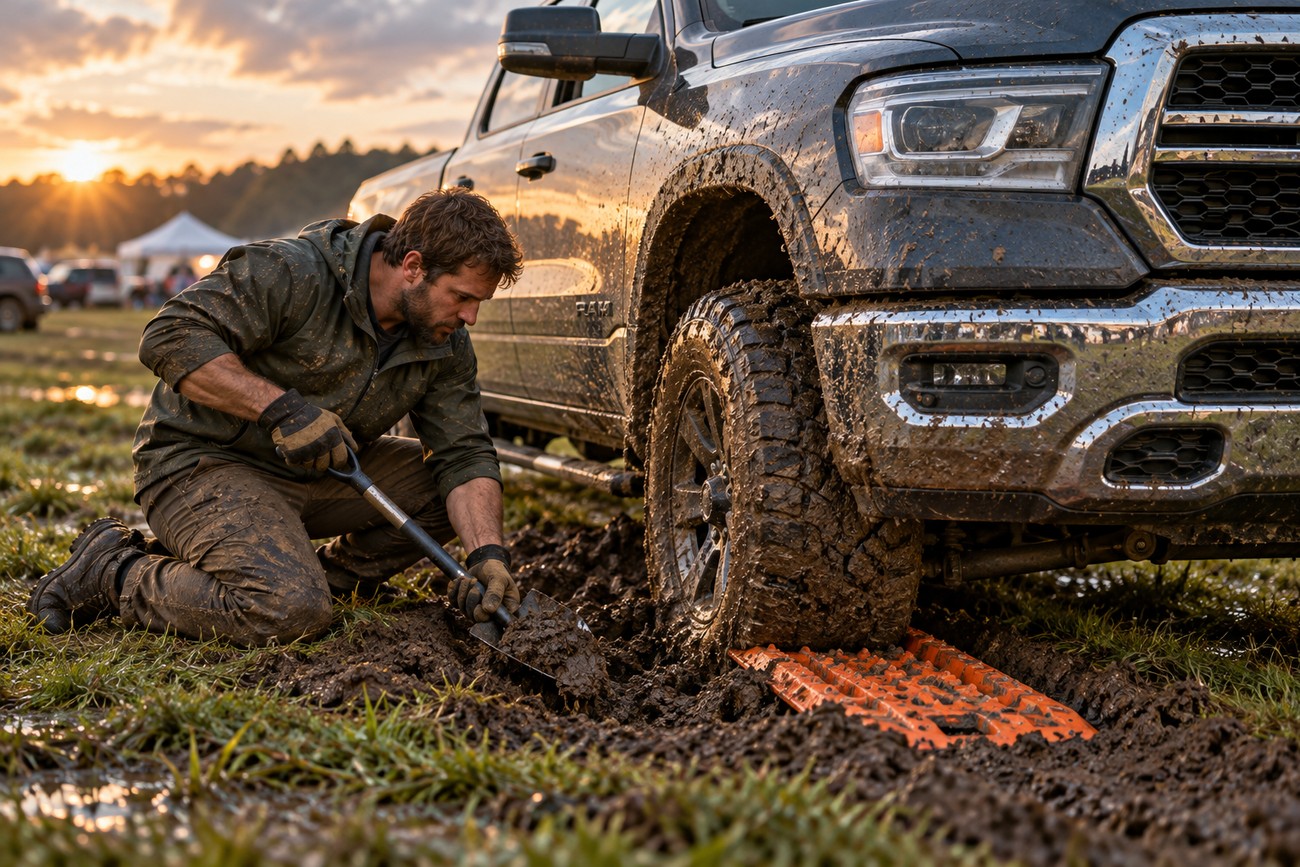 A man digging mud with a shovel next to a stuck Ram 1500 truck at a festival field