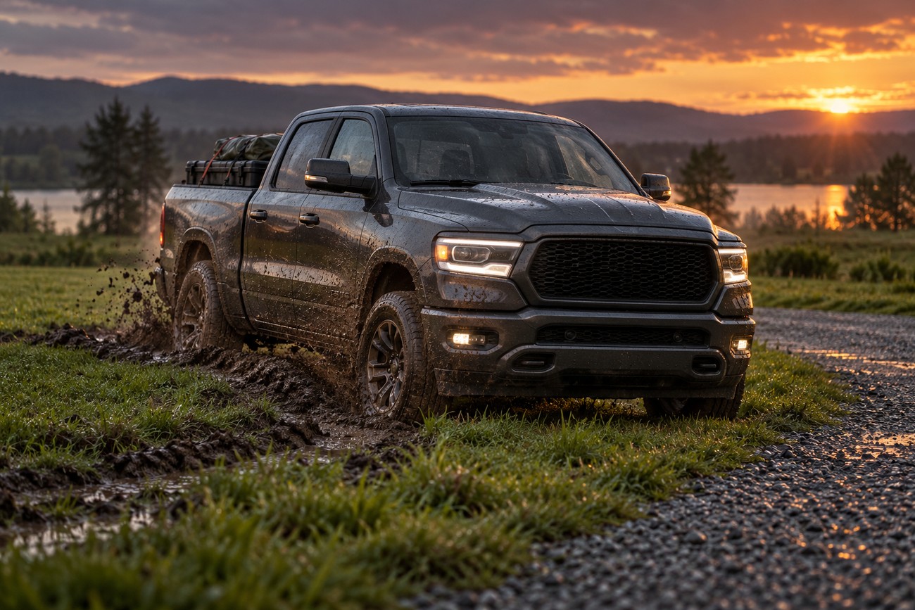 A muddy dark Ram 1500 pickup truck parked on a grassy field at a music festival during sunset