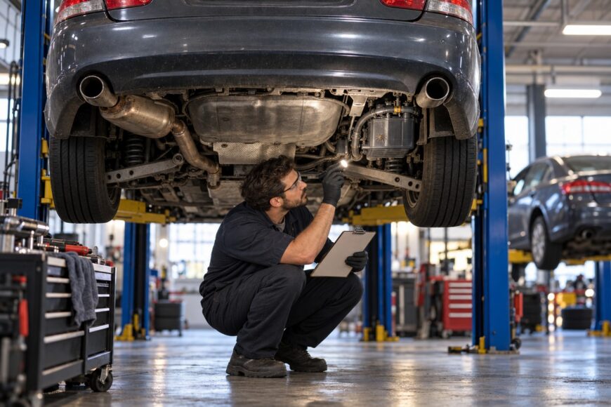 A mechanic crouching under a lifted Mazda6 inspecting the charcoal canister with a flashlight