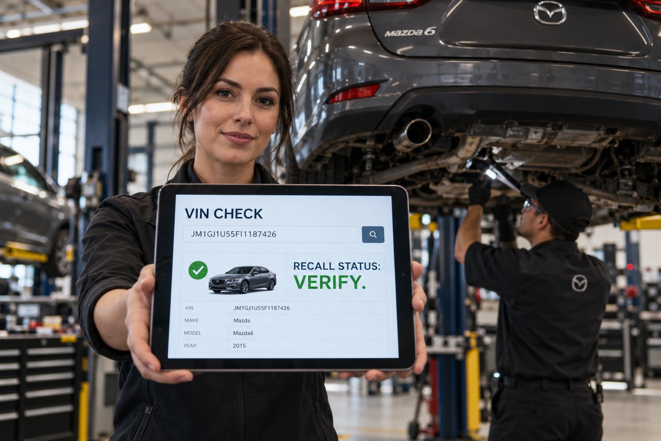 Female mechanic holding a tablet displaying a Mazda6 VIN check recall status in a car repair shop