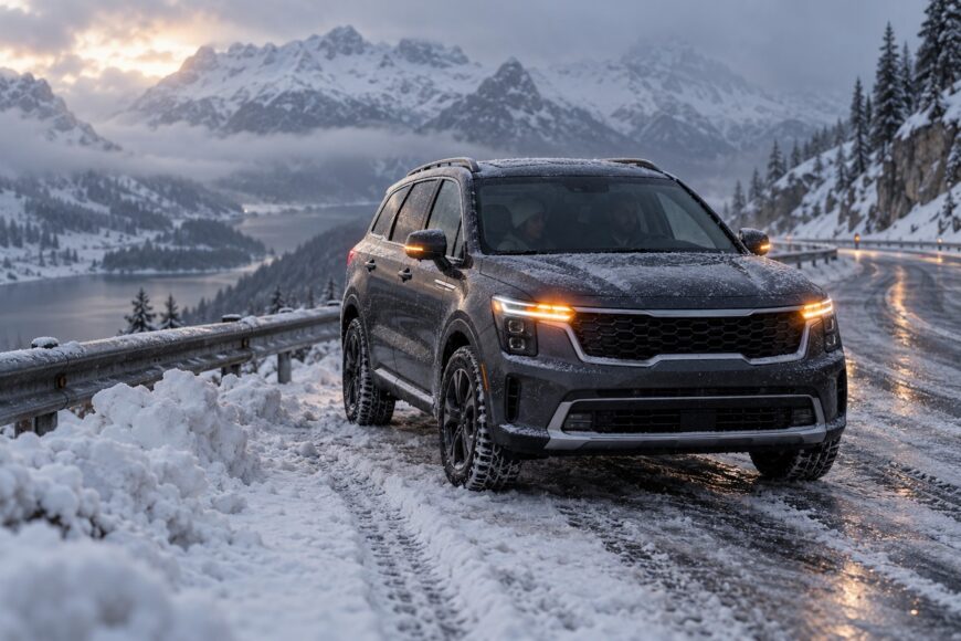 A dark gray Kia Sorento parked on a snowy mountain road with hazard lights blinking during winter