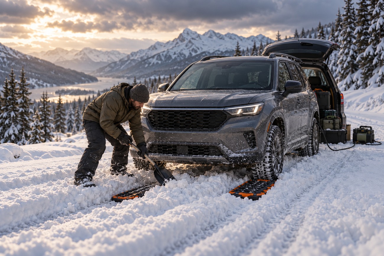 A man shoveling snow from under the tires of a grey Kia Sorento stranded on a snowy mountain road