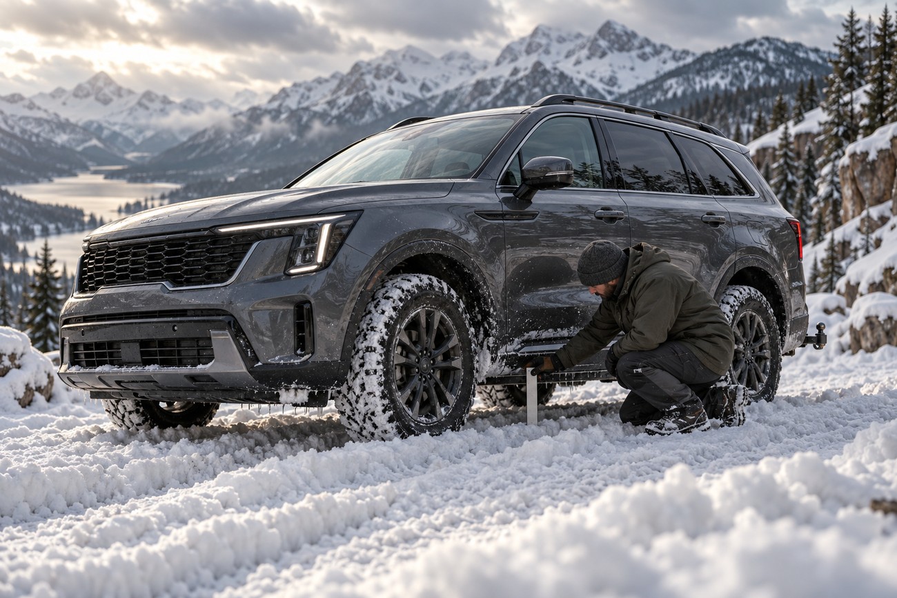A driver kneels beside a gray Kia Sorento stranded on a snowy mountain road with snow-covered peaks in the background