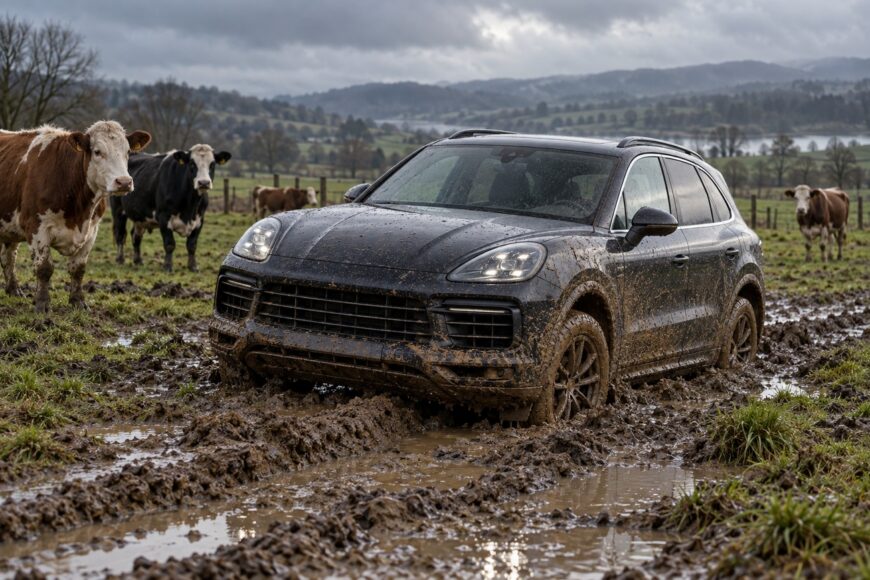 A black Porsche Cayenne stuck in deep mud in a grassy pasture surrounded by cows