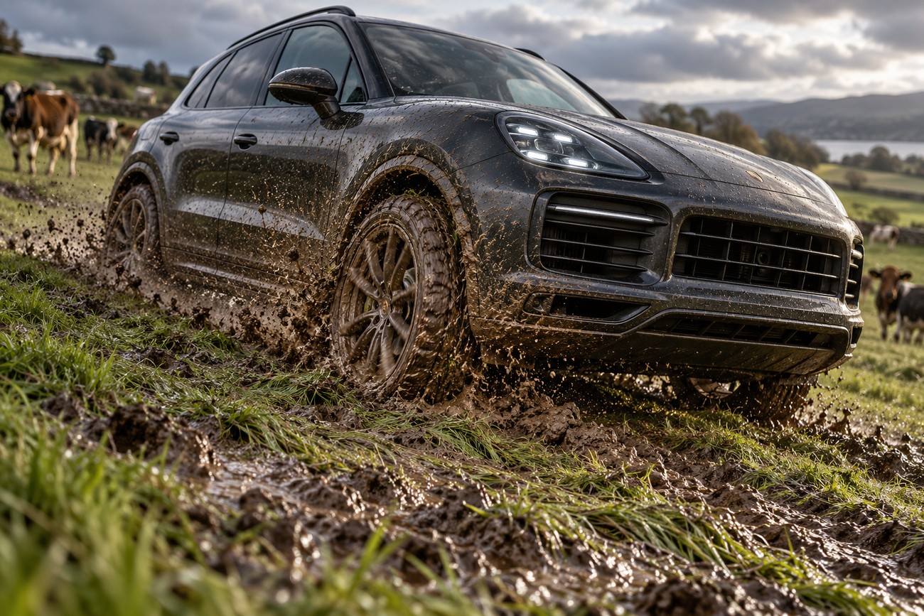 A dark Porsche Cayenne splashing through muddy grass on a rural hillside with cows grazing nearby