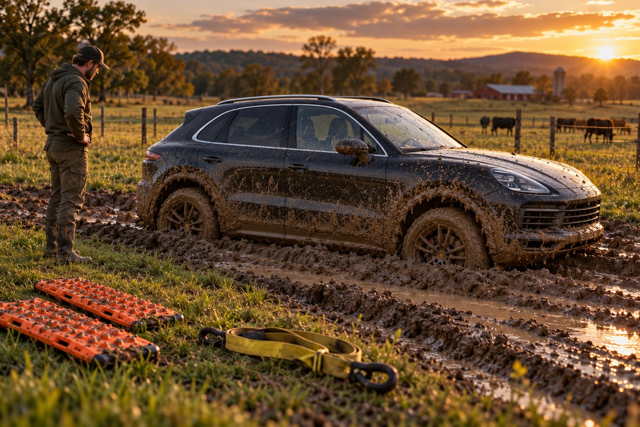 A man stands looking at a muddy Porsche Cayenne stuck deep in a rural pasture at sunset with recovery boards nearby