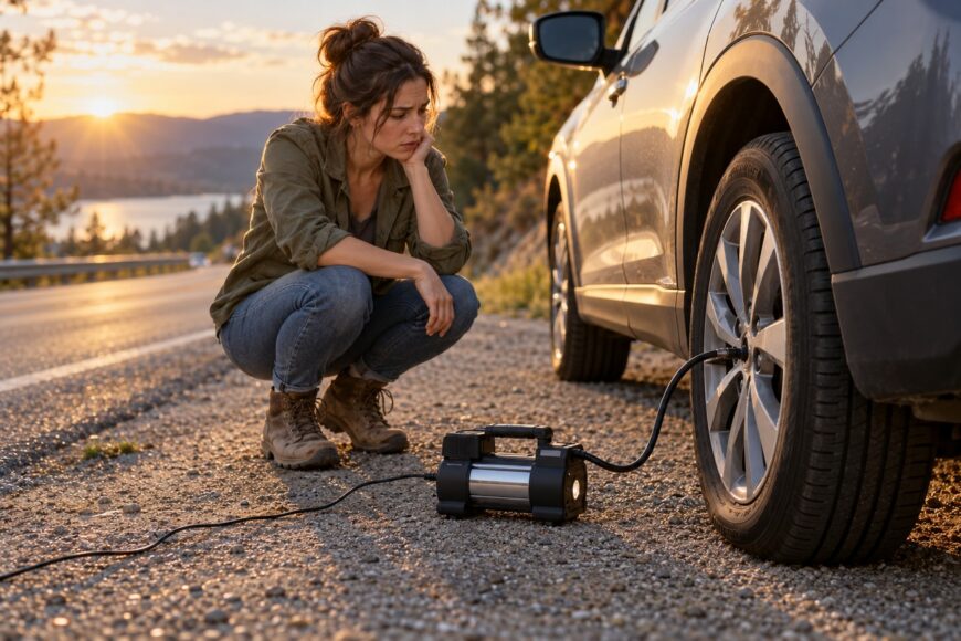 A concerned woman squatting beside her SUV on a roadside while using a portable tire inflator to pump air into the tire