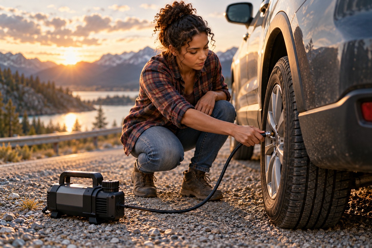 A woman in a plaid shirt crouching down to connect a portable tire inflator to her car tire by a scenic lake at sunset