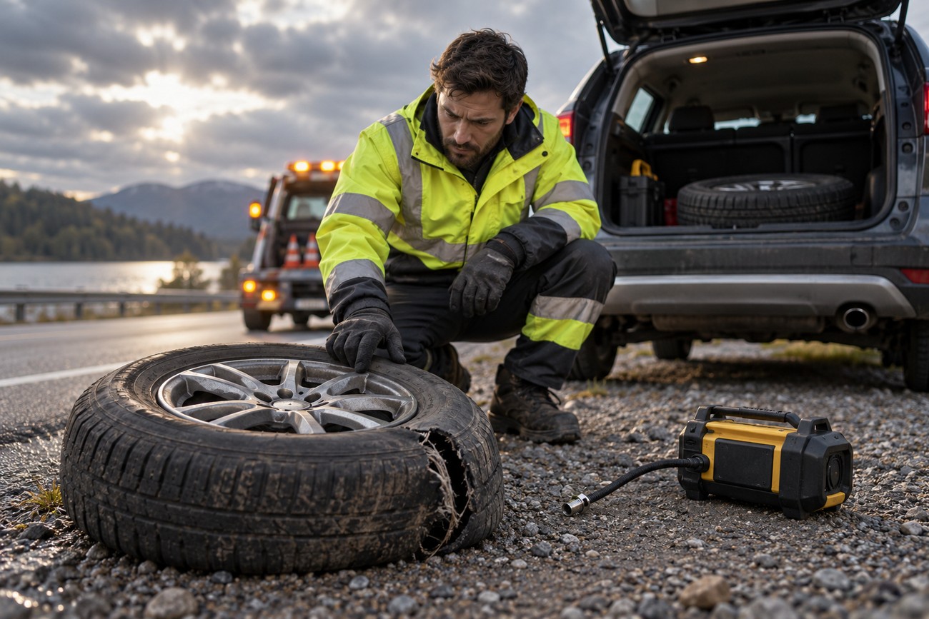 A man in a high-visibility jacket inspecting a damaged car tire next to a portable tire inflator on the roadside
