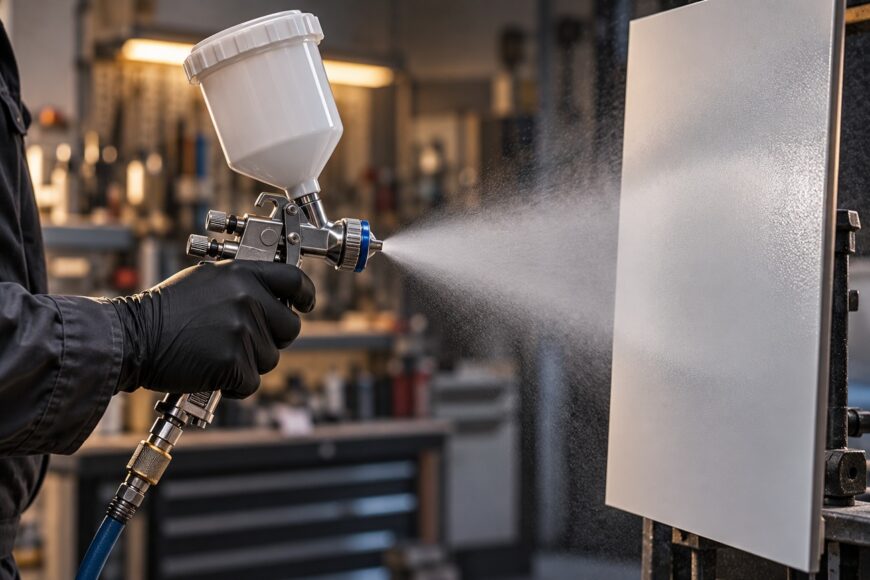 A worker in black gloves holding a spray gun and testing the fan pattern on a white panel