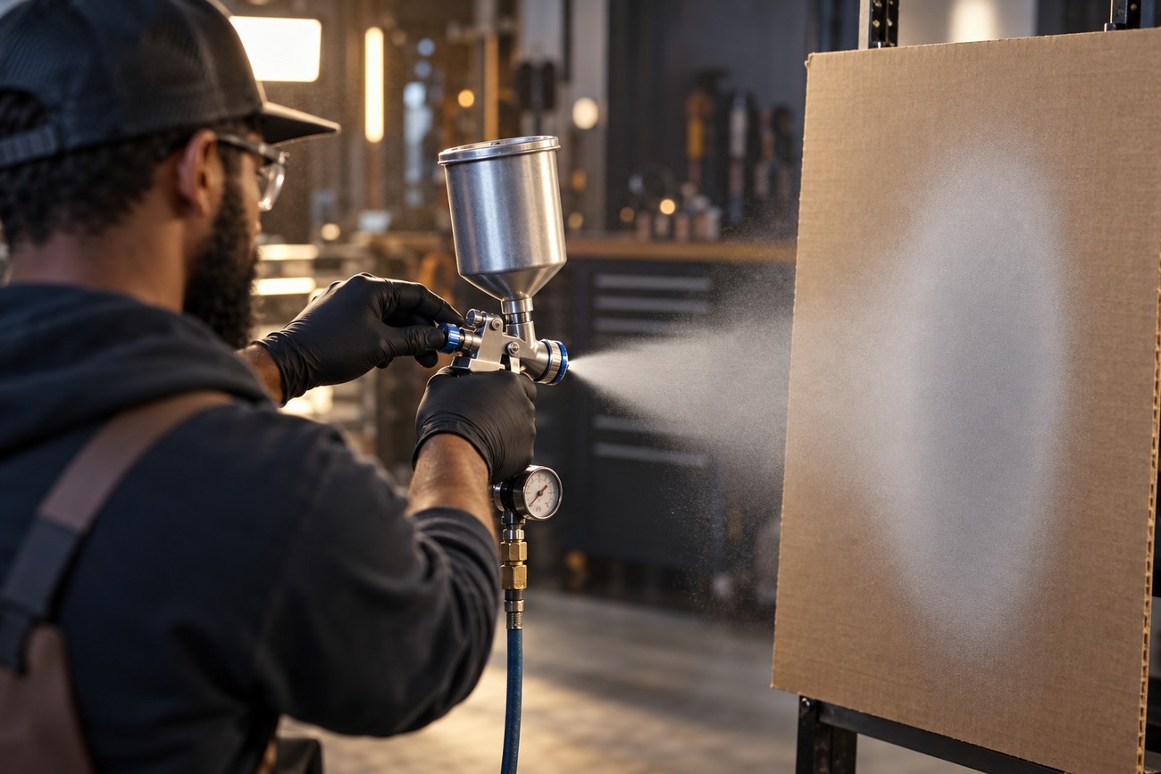 A technician wearing safety glasses and black gloves adjusts a paint spray gun while testing the fan pattern on a cardboard target in a workshop