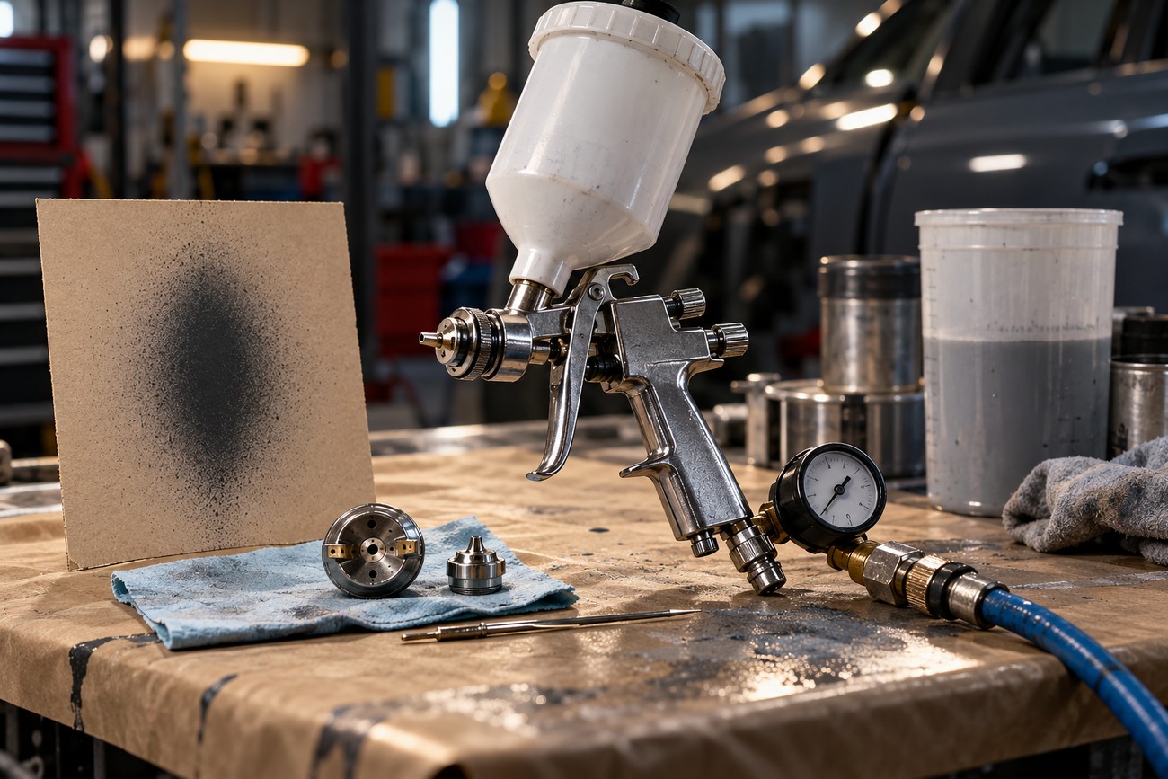 A chrome paint spray gun with a white gravity cup and pressure gauge rests on a workshop table next to a test spray card