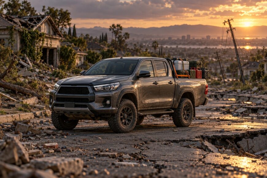 A dark grey Toyota Hilux parked on a destroyed rubble-filled street of an abandoned city during a dramatic sunset