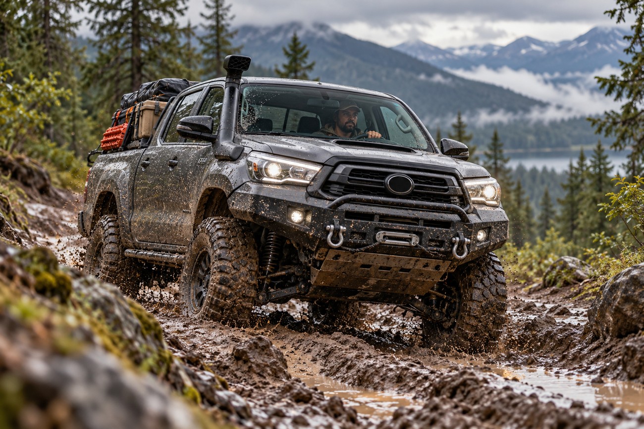 A heavily modified dark Toyota Hilux driving aggressively through deep mud on a mountain trail