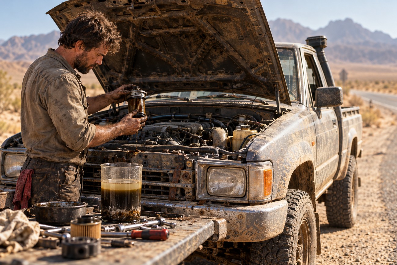 A rugged survivor checks the engine and filters of his muddy Toyota Hilux truck by the roadside