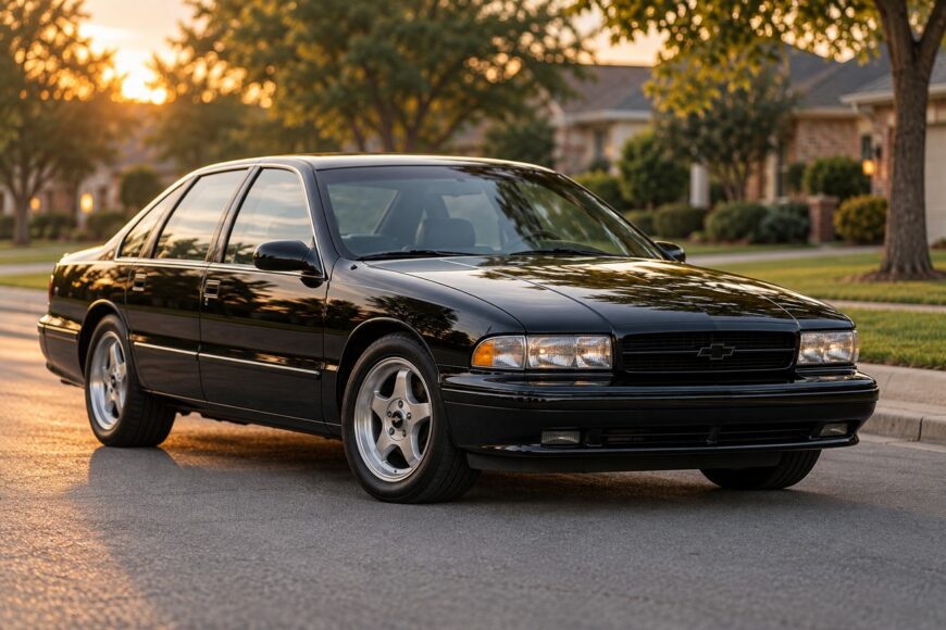 A black Chevrolet Impala SS sedan parked on a residential street during golden hour sunlight