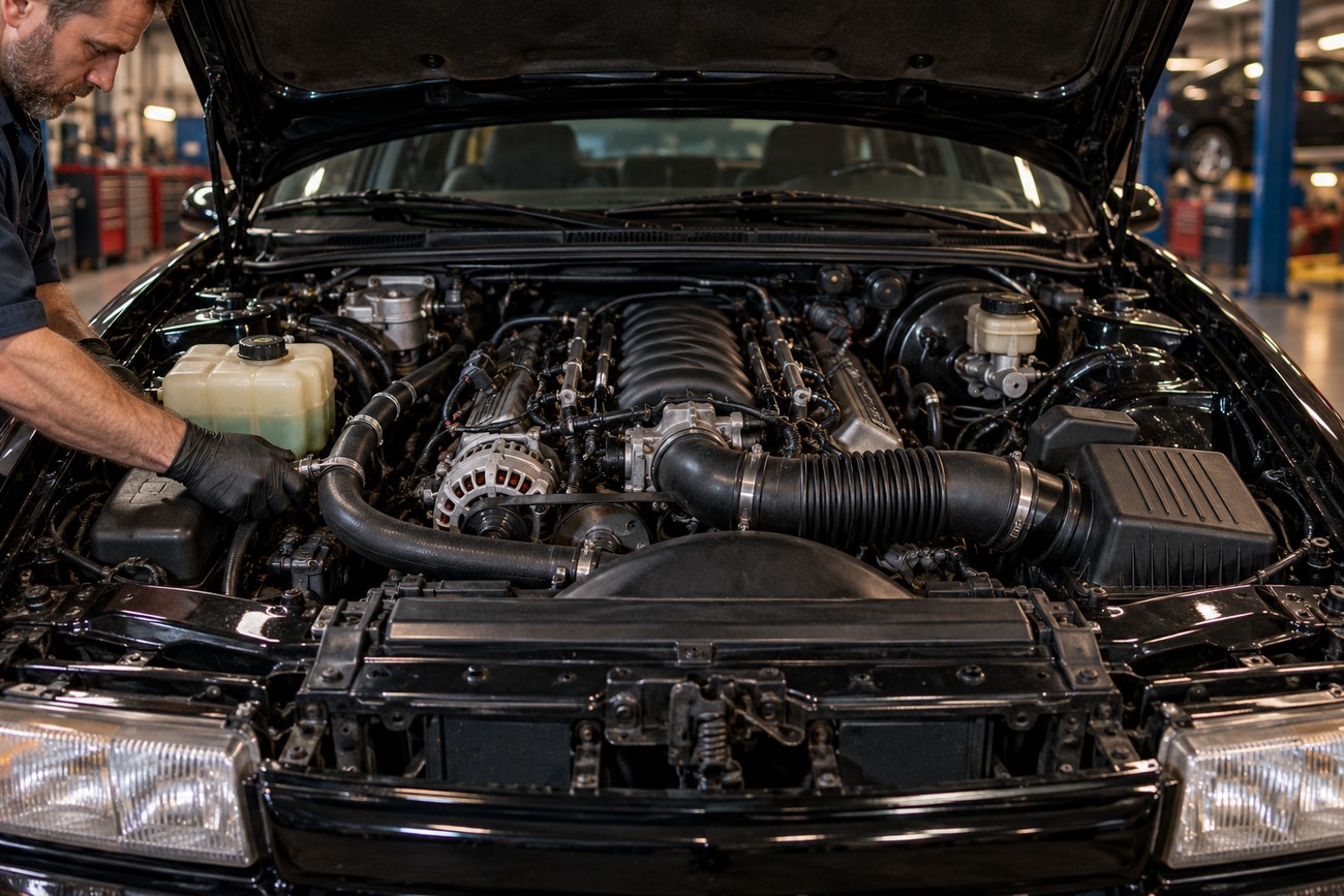 Mechanic in gloves inspecting the LT1 V8 engine bay of a black Chevrolet Impala SS sedan