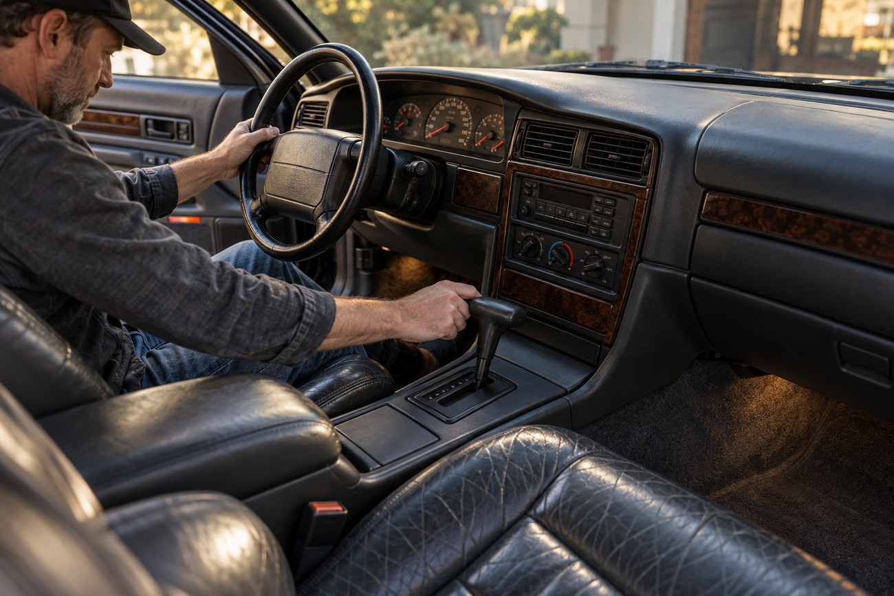 A man driving a Chevrolet Impala SS interior with leather seats and wood trim dashboard