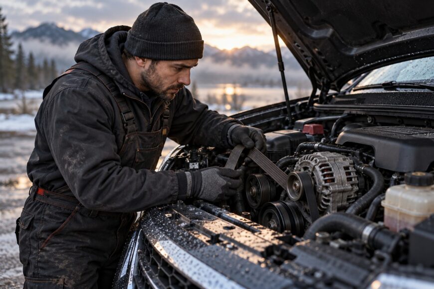 A mechanic in a beanie inspecting the serpentine belt under a car hood on a cold winter morning