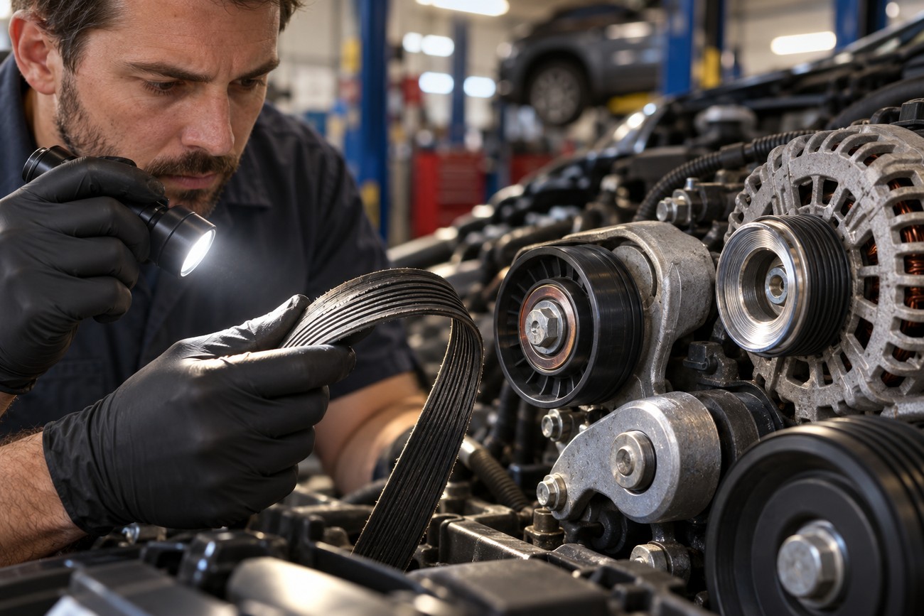 A mechanic wearing gloves inspects a car serpentine belt with a flashlight in an auto repair shop